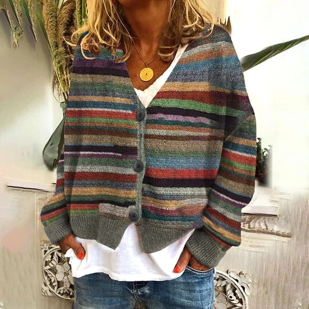 Damen lässiger Strickcardigan mit bunten Streifen und Knopfdetails Drune