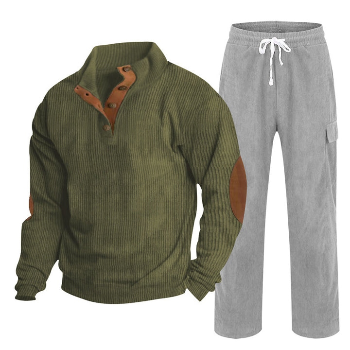 Herren nan Strick-Freizeitset mit Knopfleiste und Ellenbogenaufnähern sowie Cord-Cargohose Drune
