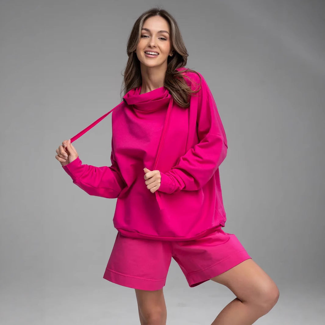 Damen bequemer und modischer Hoodie mit lässiger Kängurutasche und Shorts Set Drune