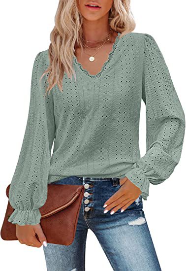 Damen Bluse mit Spitzenmuster und Ballonärmeln Drune