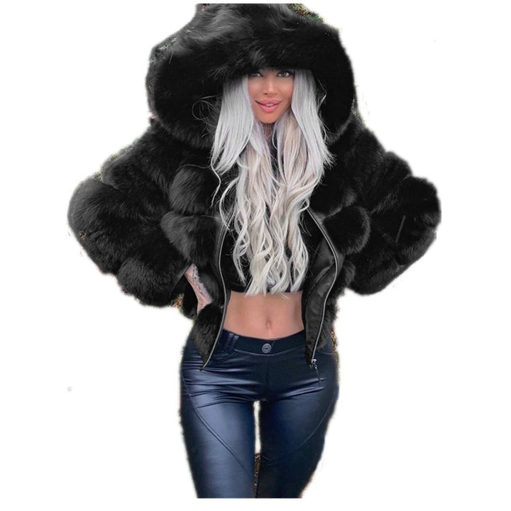 Damen Sportliche Kunstpelzjacke mit Kapuze Drune