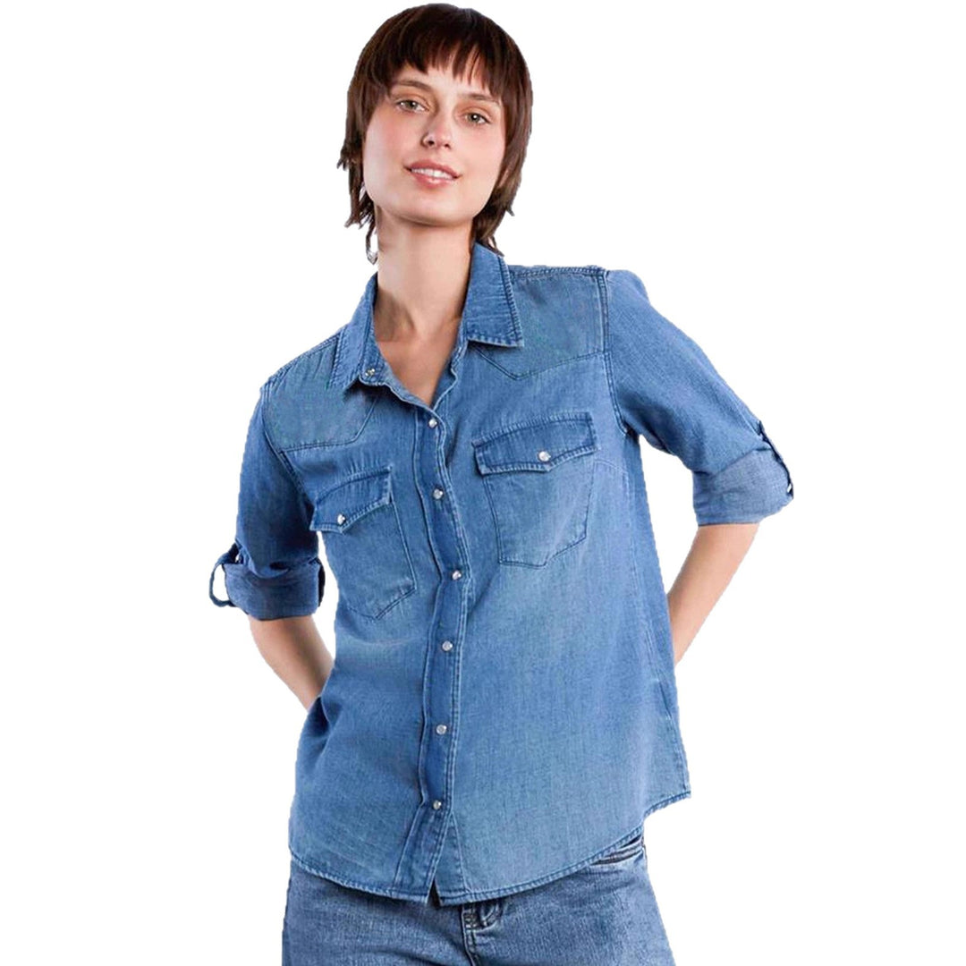 Damen lässige Denim-Bluse mit aufgesetzten Taschen und leicht tailliertem Schnitt Drune