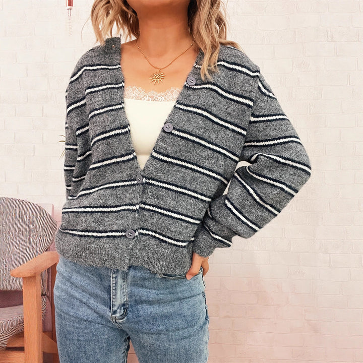 Damen gemütliche Strickjacke mit modernen Streifen Drune