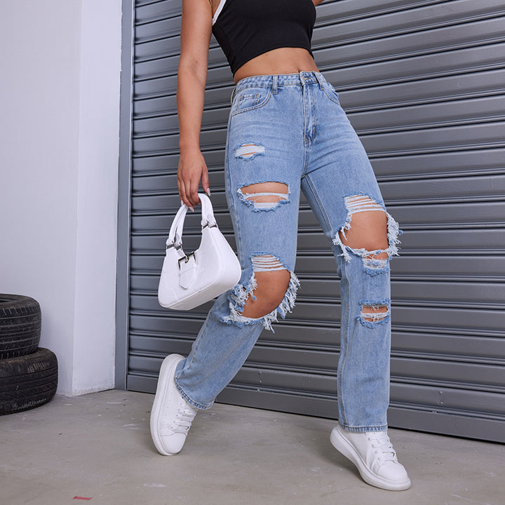 Damen Destroyed Jeans mit modernem High-Waist Schnitt und auffälligen Rissdetails Drune