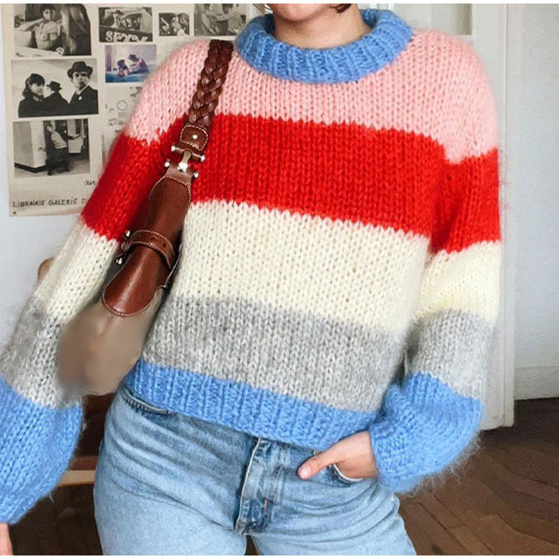 Damen Farbiger Strickpullover mit kontrastierenden Mustern Drune