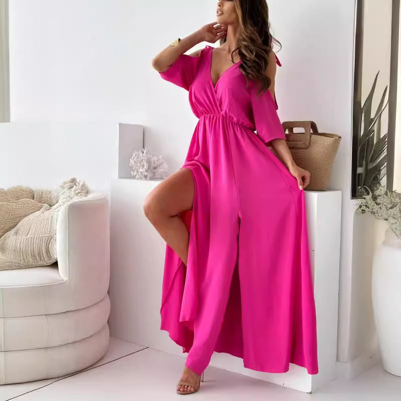 Drune | Satin-Träger-Spitzen-V-Ausschnitt-Langes Kleid