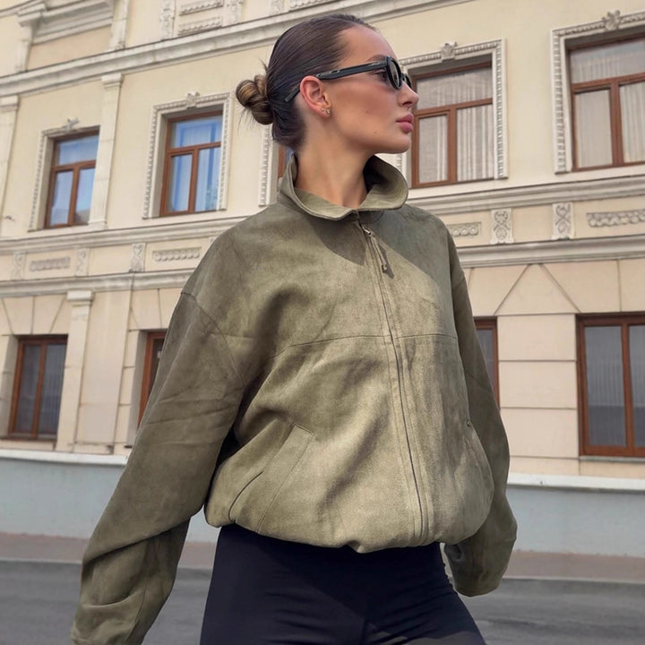 Damen Oversized Suede Jacke mit hohem Kragen und praktischen Taschen Drune
