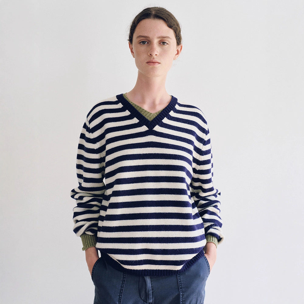 Damen V-Ausschnitt Pullover mit Streifenmuster Drune