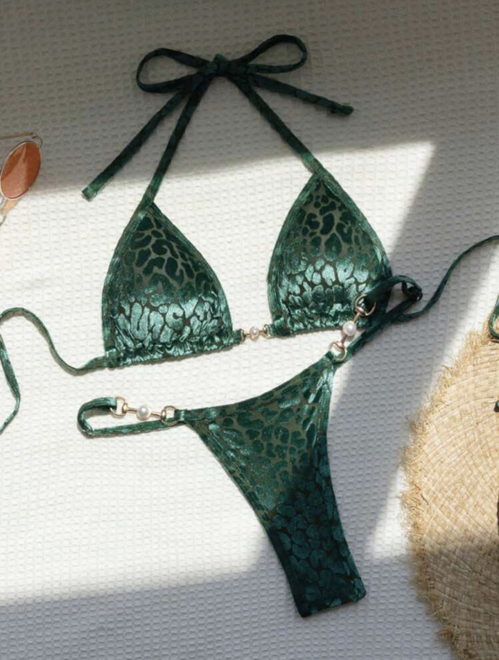 Damen Triangel-Bikini-Set mit luxuriösem Glanz und elegantem Leoprint Drune