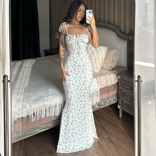 Damen Maxikleid mit zarten Blumenmustern und verstellbaren Spaghettiträgern Drune