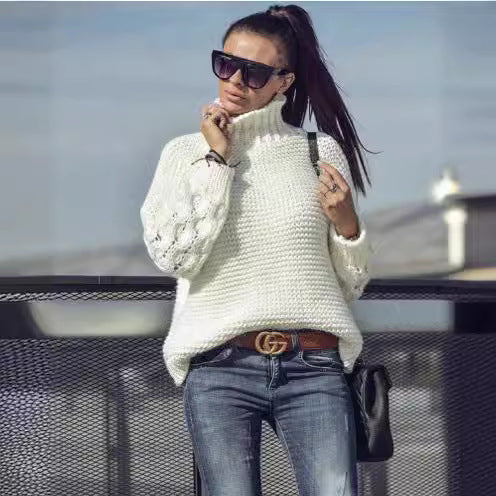 Damen Strickpullover mit hohen Kragen und pompösen Ärmeln Drune