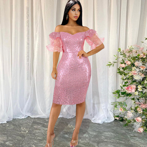Damen Glitzerndes Cocktailkleid mit schulterfreiem Design und voluminösen Puffärmeln Drune