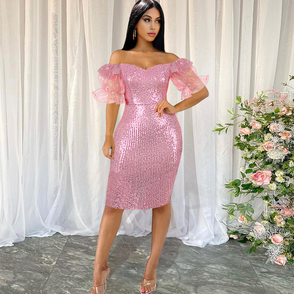 Damen glamouröses Abendkleid mit Glitzer und transparenten Puffärmeln Drune