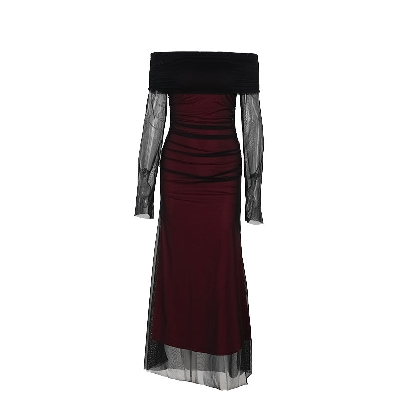 Damen Off-Shoulder Abendkleid mit gerafftem Design und langen Ärmeln Drune