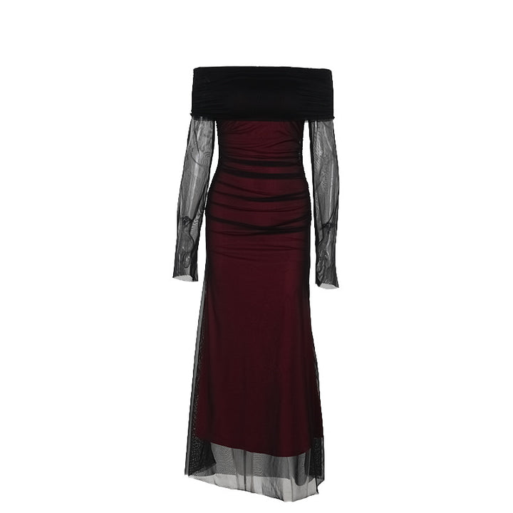 Damen figurbetontes Maxikleid mit schulterfreiem Design und Rüschendetails Drune