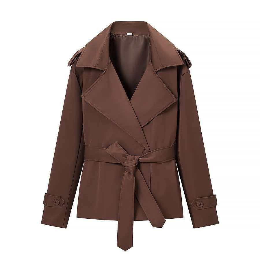 Damen nan kurzer taillierter Trenchcoat mit Bindegürtel, großem Revers und Manschettenriegel Drune