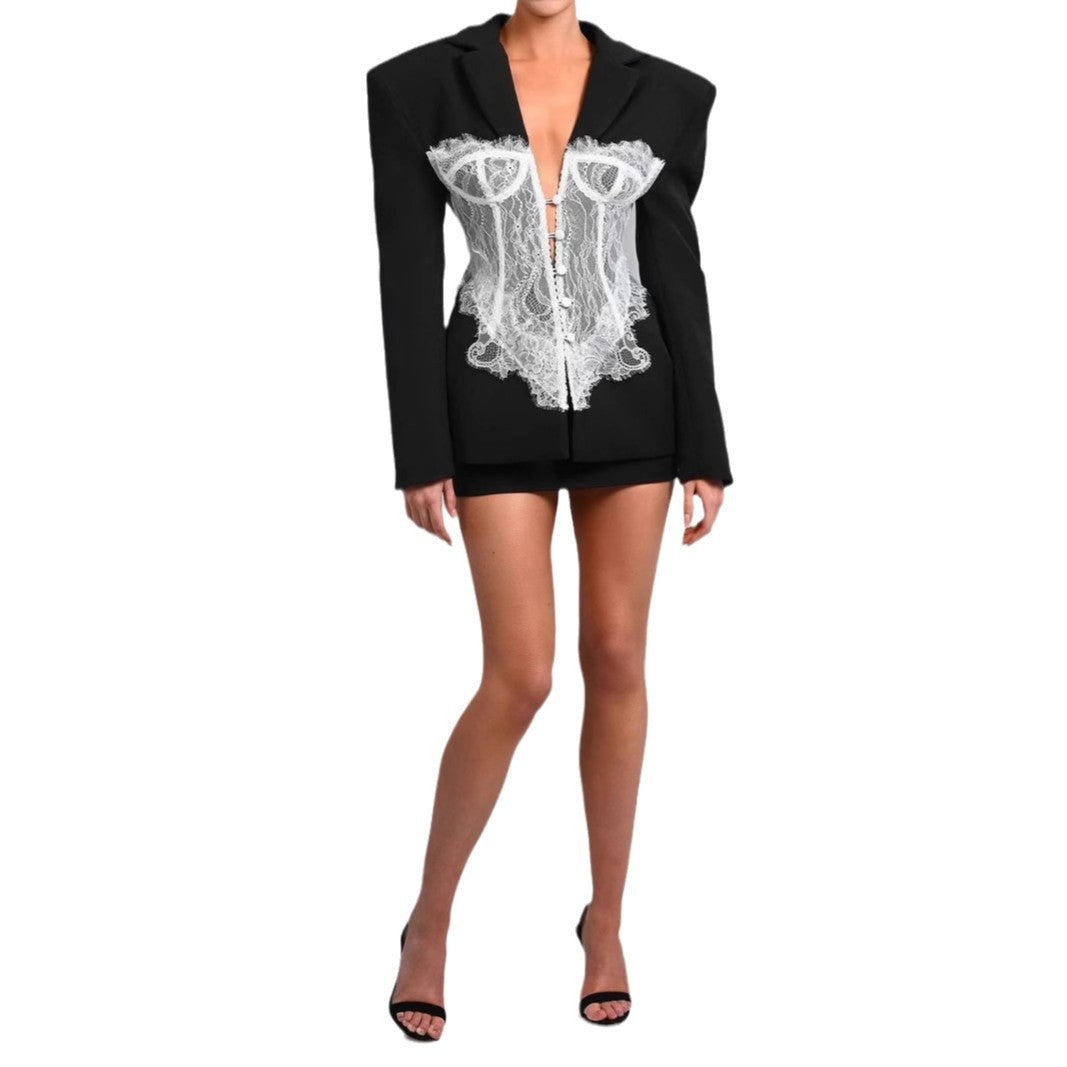 Damen Elegante Blazerjacke mit Spitzenoberteil Drune