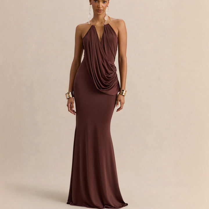 Damen Raffiniertes Maxikleid mit tiefem V-Ausschnitt und Drapierung Drune