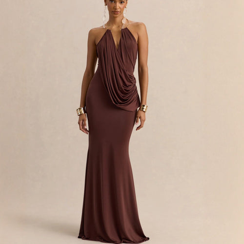 Damen Raffiniertes Maxikleid mit tiefem V-Ausschnitt und Drapierung Drune