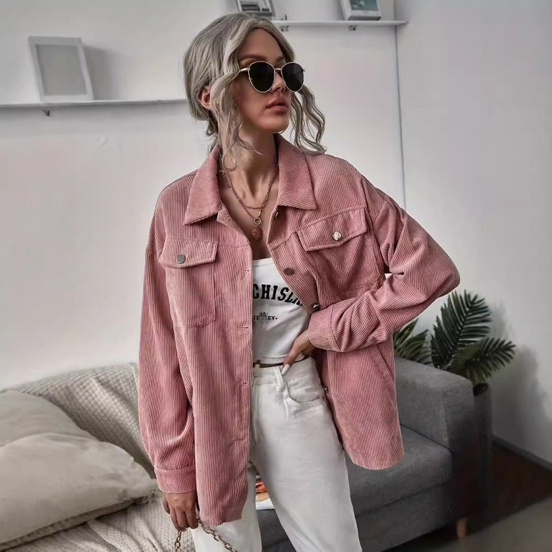 Damen Lässige Cordjacke mit dekorativen Knöpfen und praktischen Taschen Drune