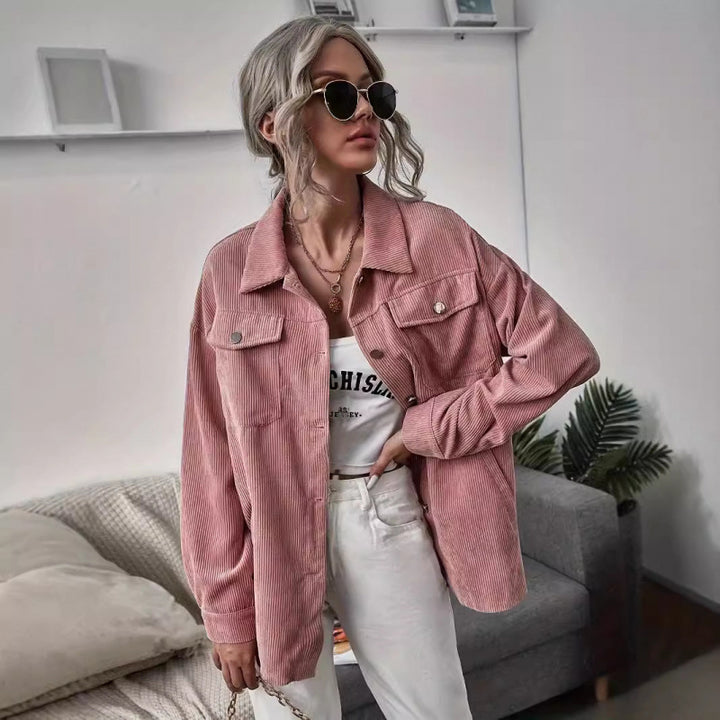Damen Lässige Cordjacke mit dekorativen Knöpfen und praktischen Taschen Drune
