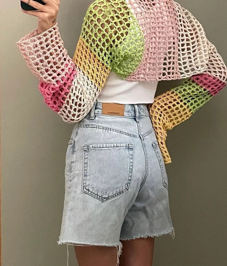 Damen gehäkeltes Langarm-Oberteil mit buntem Netzdesign Drune