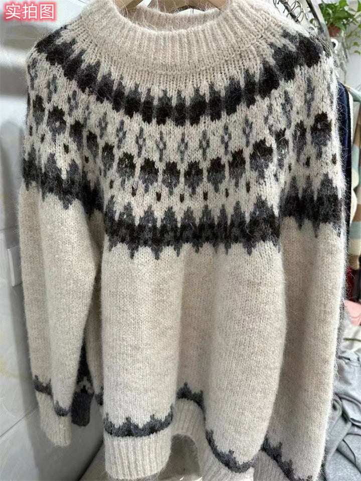 Damen gestrickter Pullover mit Norwegermuster Drune