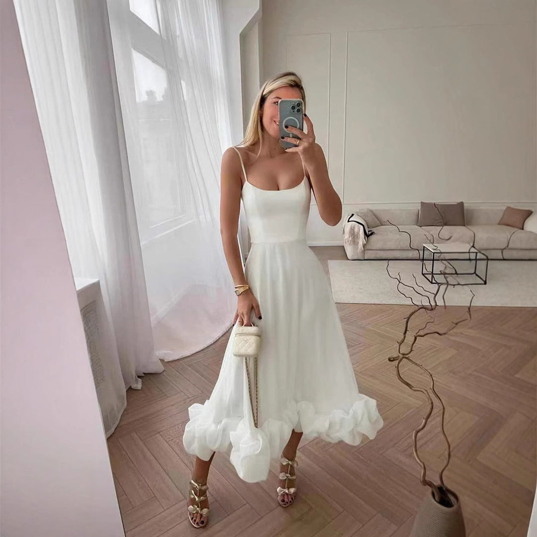 Damen Midi-Kleid mit zarten Spaghetti-Trägern und voluminösem Rüschensaum Drune
