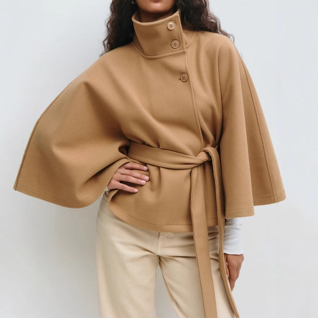 Damen elegante Umhangjacke mit hochgeschlossenem Stehkragen und schickem Gürtel Drune