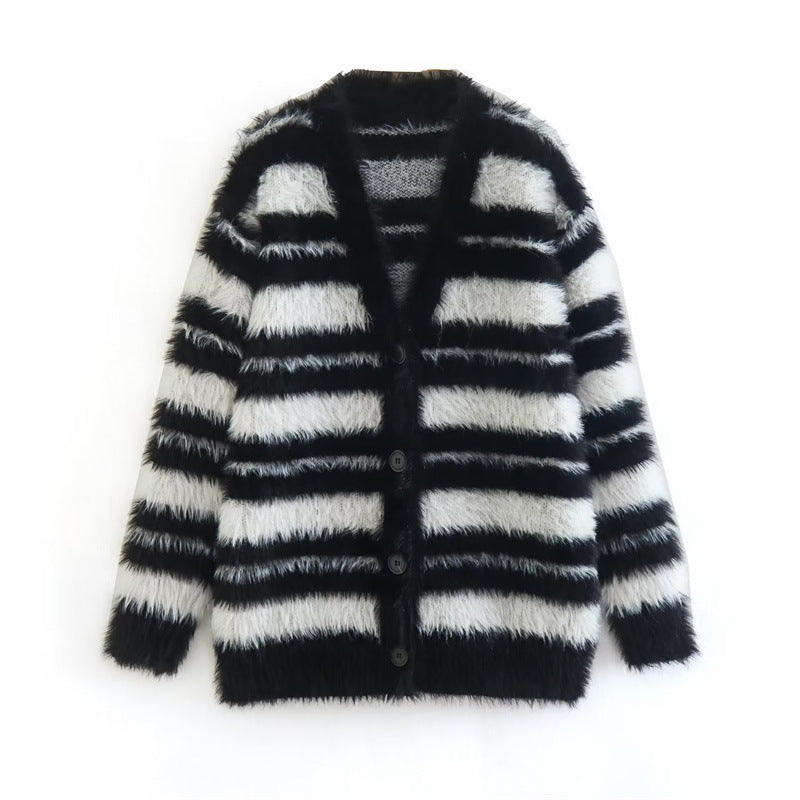 Damen Gemütlicher Strickcardigan mit modernem Streifenmuster und weichem Material Drune