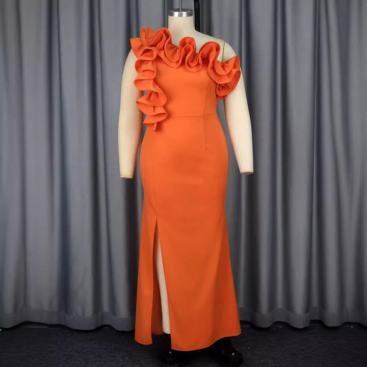 Damen Elegantes Maxikleid mit asymmetrischem Rüschenakzent und sexy Schlitz Drune