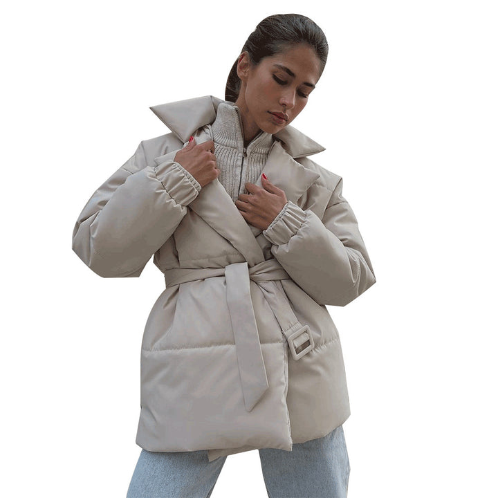 Damen modische Steppjacke mit Gürtel und elegantem Kragen Drune