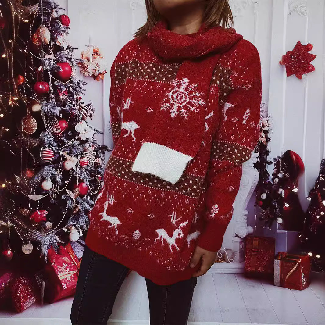 Damen Strickpullover mit festlichem Rentier-Motiv und hohem Kragen Drune