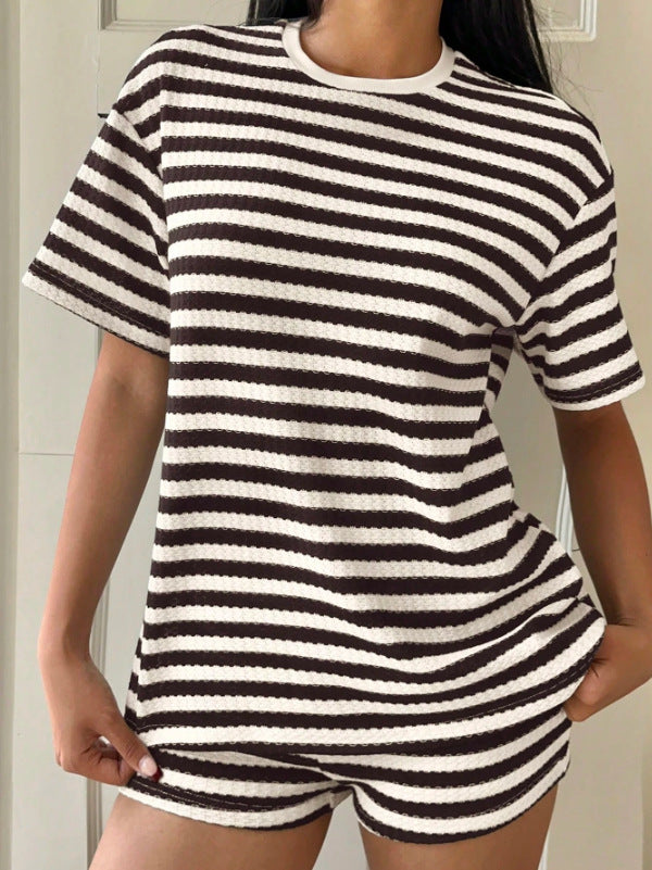 Damen lässiges gestreiftes T-Shirt mit hochwertiger Struktur Drune