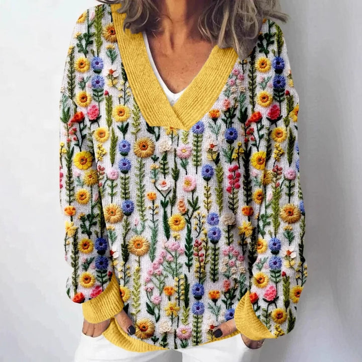 Damen V-Ausschnitt Pullover mit floralem Muster und lässigem Schnitt Drune