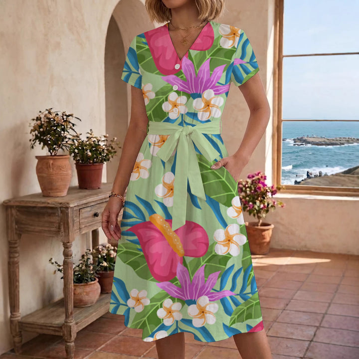 Damen Midi Kleid mit floralen Akzenten und tailliertem Schnitt Drune