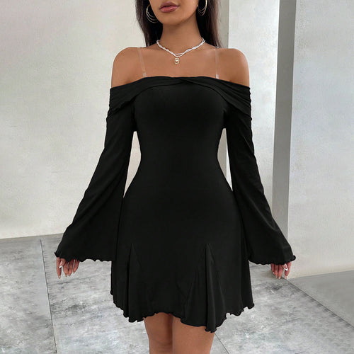 Damen schulterfreies Minikleid mit eleganten Volantärmeln und modischem Design Drune