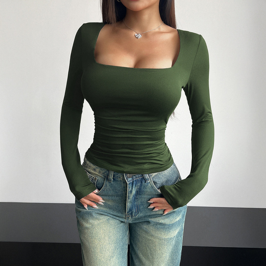 Damen figurbetontes Langarmshirt mit quadratischem Ausschnitt und Raffung Drune