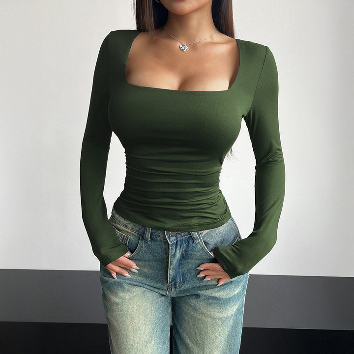 Damen figurbetontes Langarmshirt mit quadratischem Ausschnitt und Raffung Drune