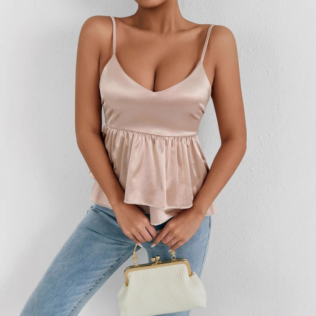 Damen elegantes Satin-Oberteil mit dekorativen Volants Drune