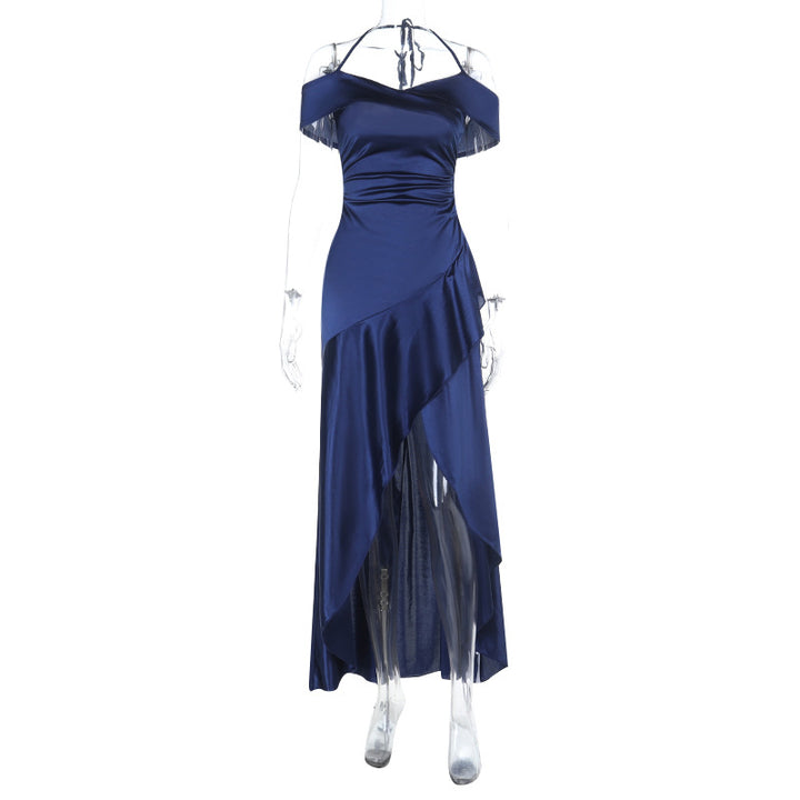 Damen schulterfreies Maxikleid mit asymmetrischem Saum und elegantem Wickeldesign Drune