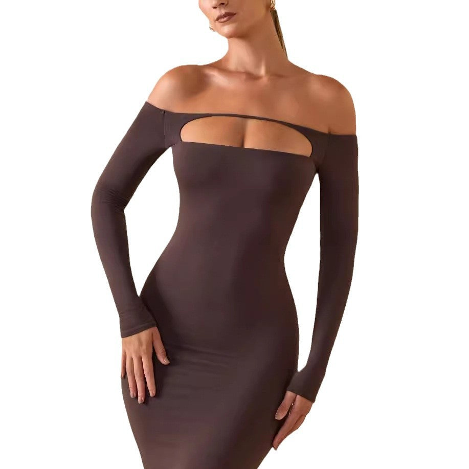 Damen Figurbetontes Langarmkleid mit Cut-Out-Design und schulterfreiem Stil Drune