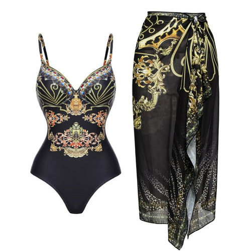 Damen Einteiler Badeanzug mit elegantem Design und passendem Wickeltuch Drune