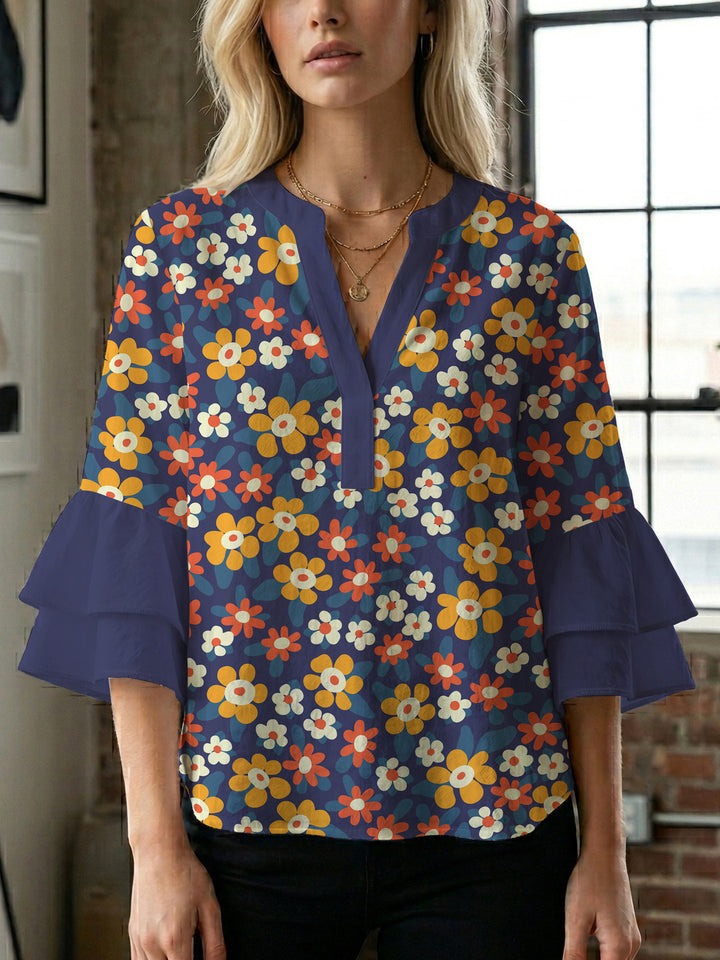 Damen Bluse mit voluminösen Flügelärmel und intensivem Blattmuster Drune
