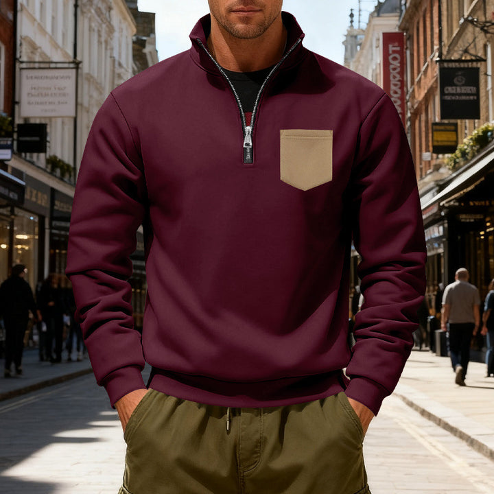 Herren modischer Sweatshirt mit halbem Reißverschluss und aufgesetzter Tasche Drune