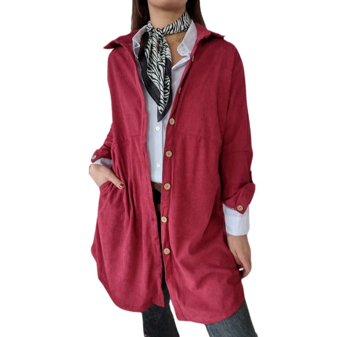 Damen Langarmhemdjacke mit strukturiertem Corddesign und praktischen Taschen Drune