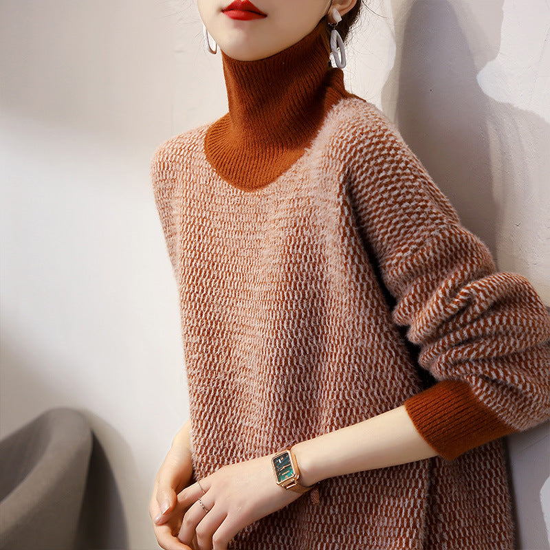 Damen Grobstrickpullover mit hohem Kragen und modernem Muster Drune