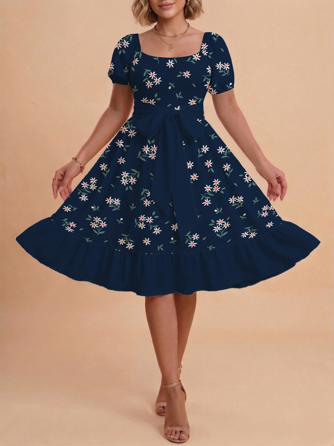 Damen Blumenkleid mit taillierbarem Gürtel und voluminösen Ärmeln Drune