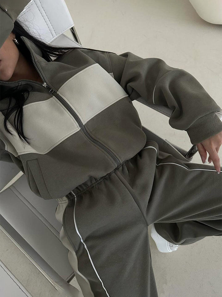 Damen nan sportives Jogginganzug-Set mit durchgehendem Reißverschluss, kontrastierendem Brustpanel und weitem Komfortbund Drune