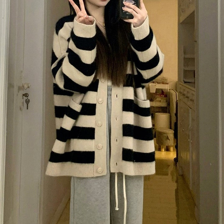 Damen Grobstrick-Cardigan mit Streifenmuster und praktischen Taschen Drune